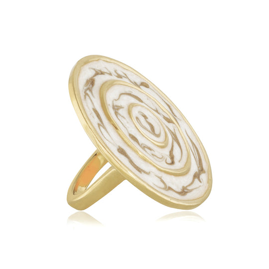 Gold round cocktail ring with unique white marbled enamel work from Atelier ORMAN