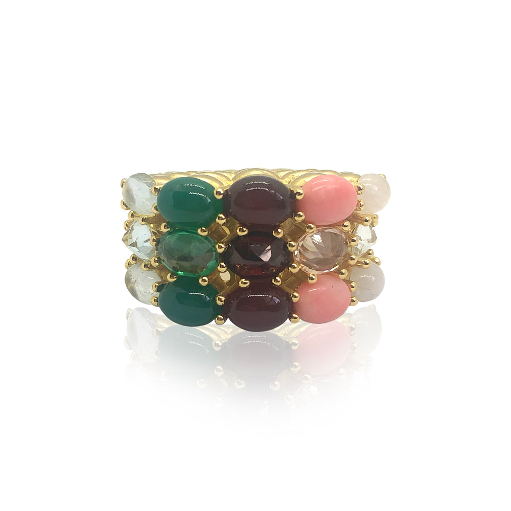 Gold cocktail ring with green agate, carnelian, aquamarine, pink coral, moonstone, emerald, ruby, morganite and topaz from Atelier ORMAN