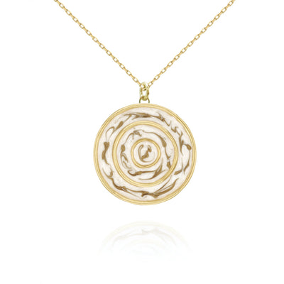 Gold round pendant necklace with unique white enamel work from Atelier ORMAN