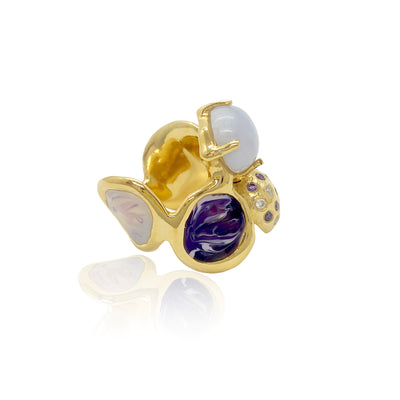 Gold Cocktail ring with blue lace agate cabochon, diamonds and amethysts, and marbled enamel from Atelier ORMAN