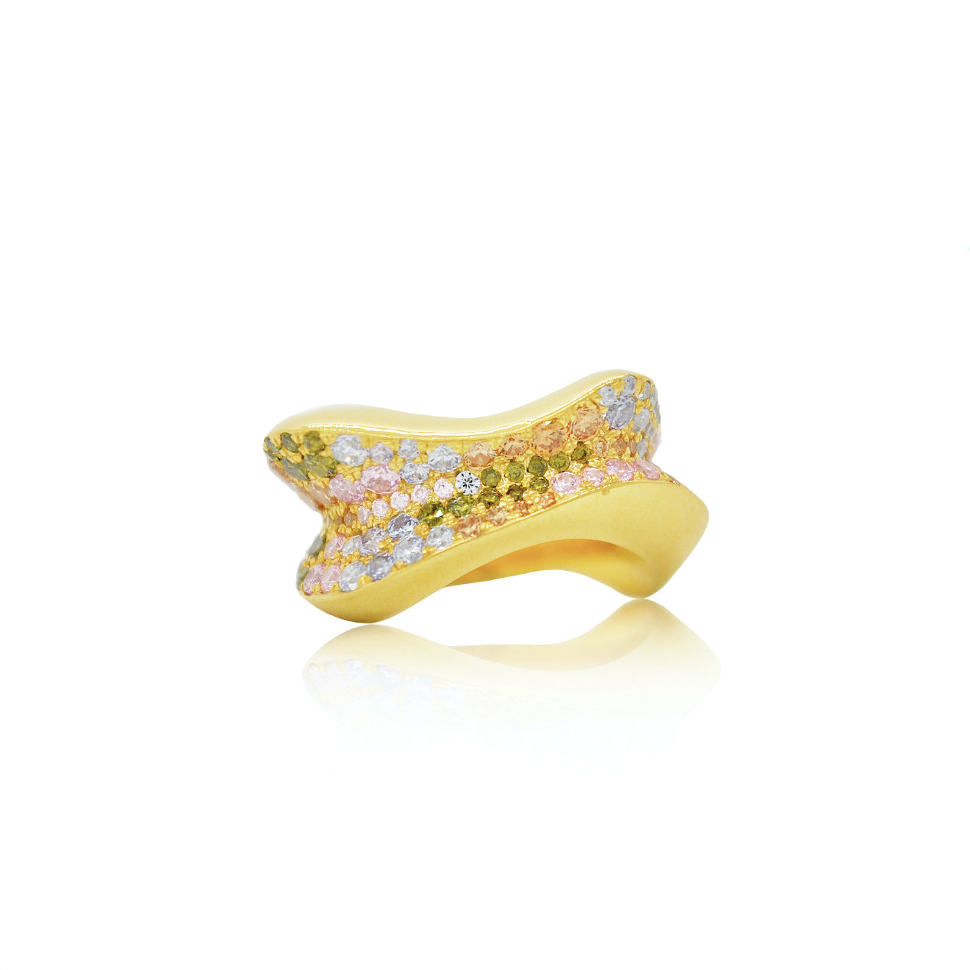 Sculptural gold ring with pink, blue, green and orange sapphires from Atelier ORMAN