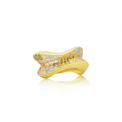 Sculptural gold ring with pink, blue, green and orange sapphires from Atelier ORMAN