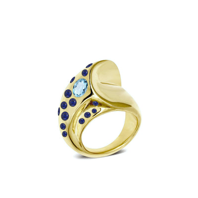 Sculptural, Gold cocktail ring with sapphire and aquamarine  from Atelier ORMAN