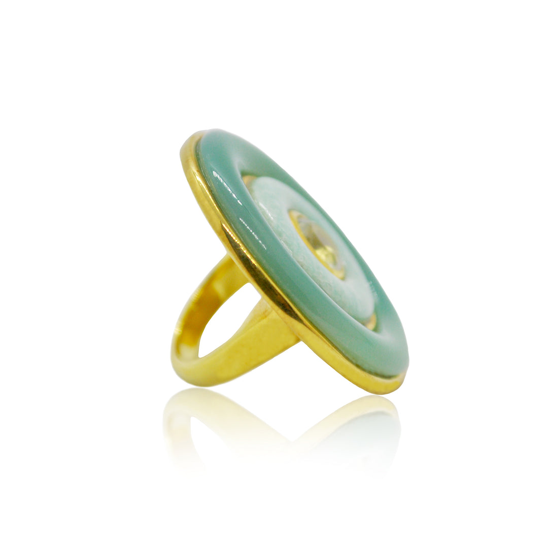 Gold round cocktail ring with hand carved green agate, amazonite and prasiolite from Atelier ORMAN