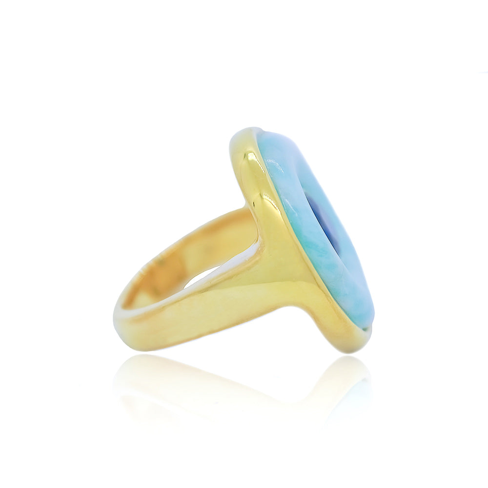 Gold round cocktail ring with hand carved amazonite and london blue topaz from Atelier ORMAN