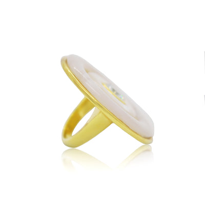 Gold round cocktail ring with hand carved white agate, mother of pearl and white topaz from Atelier ORMAN