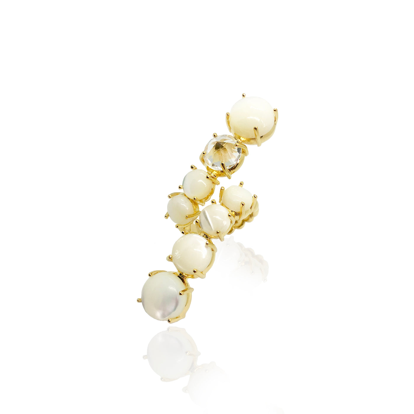 fine jewelry cocktail ring in gold with mother of pearl and white topaz gemstones from Atelier ORMAN