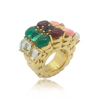 Gold cocktail ring with green agate, carnelian, aquamarine, pink coral, moonstone, emerald, ruby, morganite and topaz from Atelier ORMAN